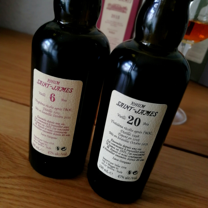 Verticale Velier Rhum Vieux A.O.C. Martinique Millésimes Saint-James Rücketiketten